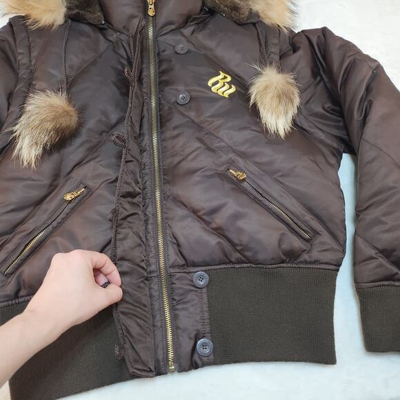 Vintage Y2k Rocawear Jacket Womens XL Down Filled Fur Trim Brown Bomber Brown - Picture 6 of 14